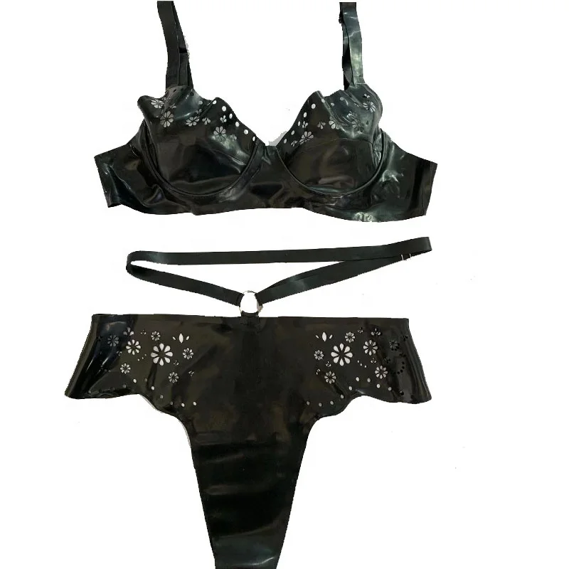 Latex Fetish Rubber Lingerie Bra Briefs Sexy Hollow out With Customizable Pattern Gummi Bra