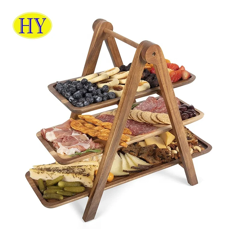 Custom rustic acacia wood serving trays Unfinished 3 Tier snack breakfast dessert rectangular Wooden Ladder Tray With Handle