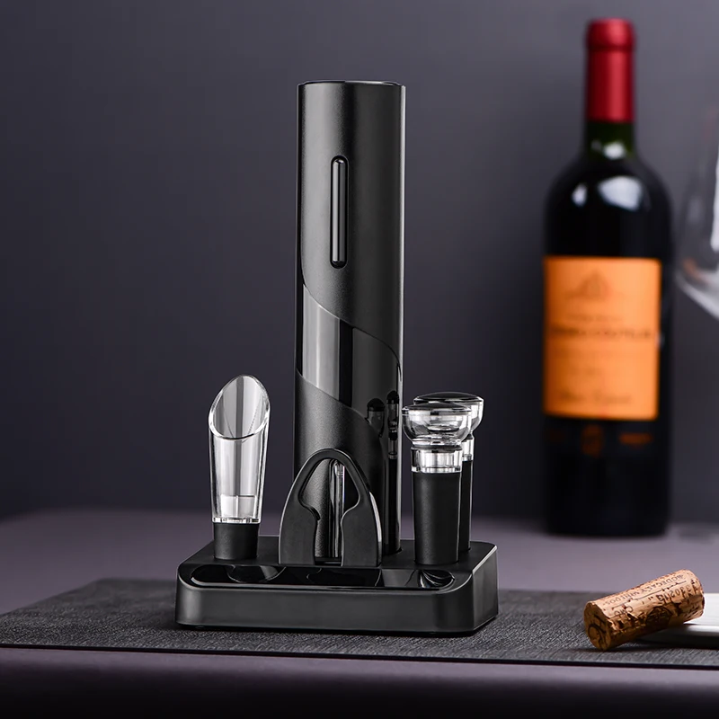 5-IN-1 Electric Corkscrew Pourer And Stopper Bottle with Base Custom Logo Sets Wine Opener Set