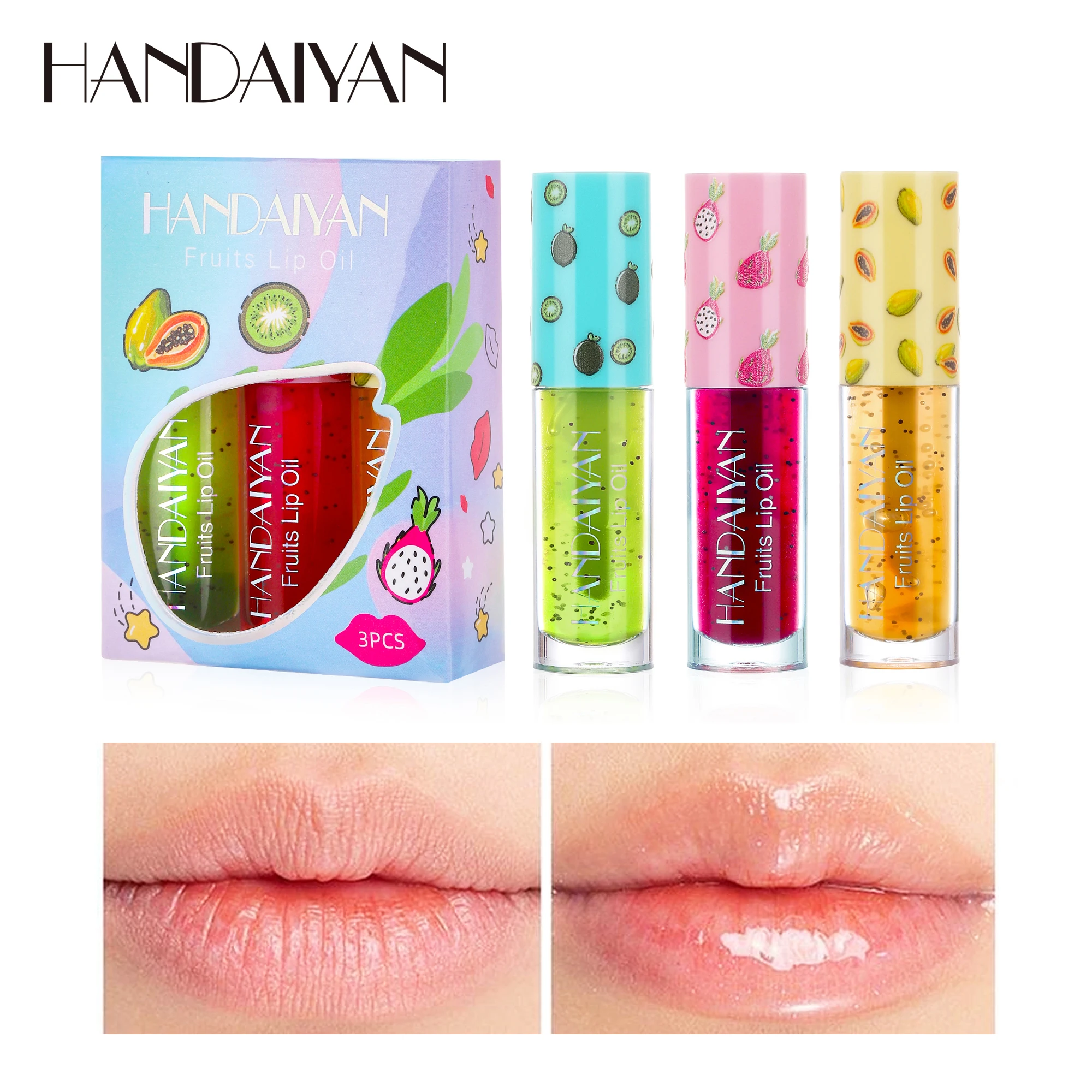 HANDAIYAN Moisturizing Fruit Lip Oil Light-colored Lip Balm 3 Pcs Set Vegan Formula Makeup Cosmetics