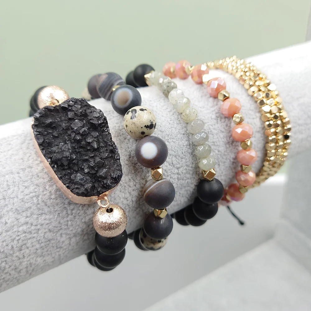 Gypsy and Boho Gold Beads Stacked Bracelet,Natural Black Druzy With Black Lace Agate Beaded Bracelet Set,Gifts for Her