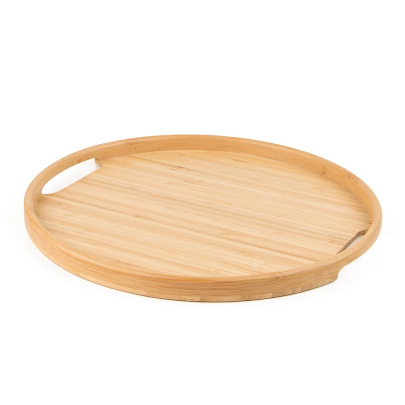 Hot Selling Round Bamboo Bottom Handle Service Tray Custom Size Serving Tray for Ottoman Kitchen/Coffee Table