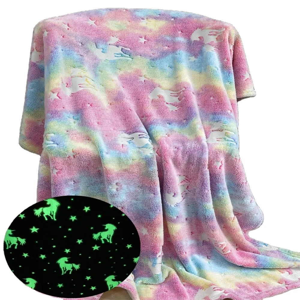 Wholesale Luxury Rainbow Unicorn Soft Polyester Flannel Throw Blanket Glow In The Dark