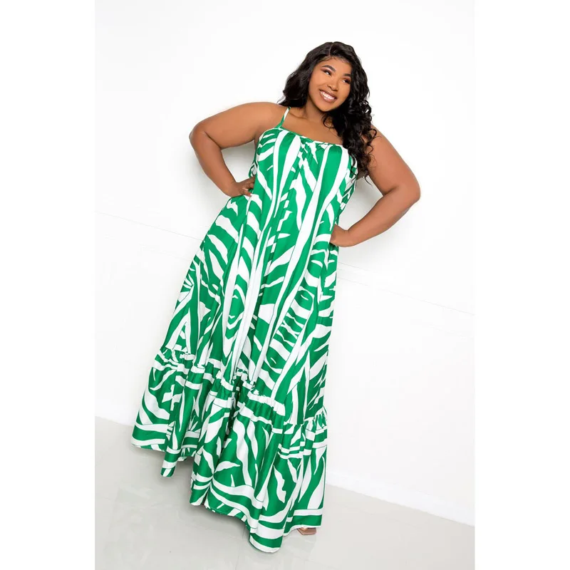 Aschulman Premium Women Summer Casual Dress Green Color Maxi Long Plus Size Animal Print Zebra Dresses
