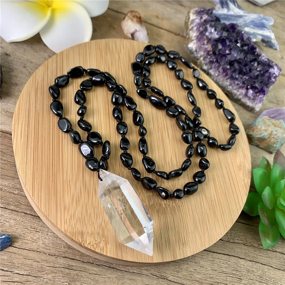 LS-A232 Black Tourmaline Chips Beads Knotted Necklace,Natural White Quartz Pendants Healing Crystal Necklace,Mala Beads necklace