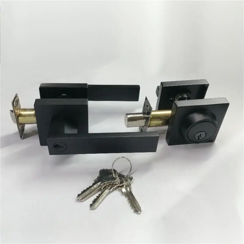 Square Entrance Lever with Single Cylinder Deadbolt Set, Keyed Alike Combo Lock, Heavy Duty Matt Black  Entry Door Lockset
