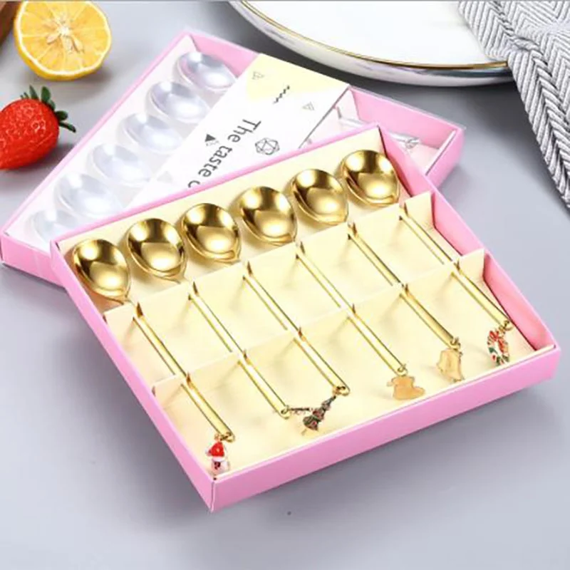 New Colorful Christmas golden spoon stainless steel cutlery set Coffee dessert spoon small spoon With Pendant