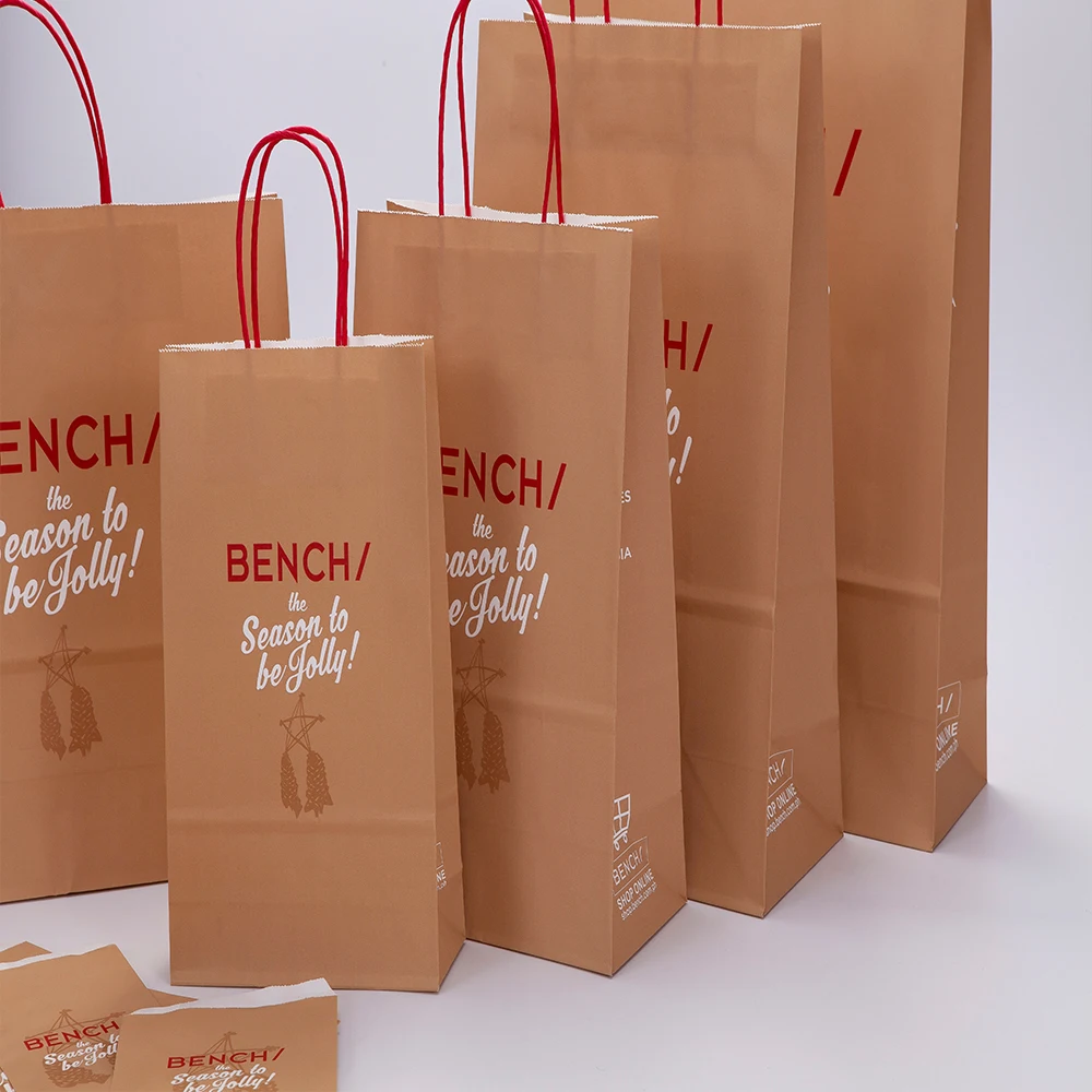 Custom restaurant food delivery take out packaging bag design your own logo flat handle takeaway carry brown kraft paper bag