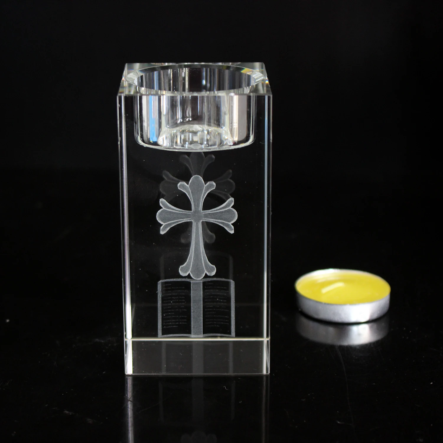 Wholesale Crystal Glass Block Jesus Cross Candle Holder For Religion Gift