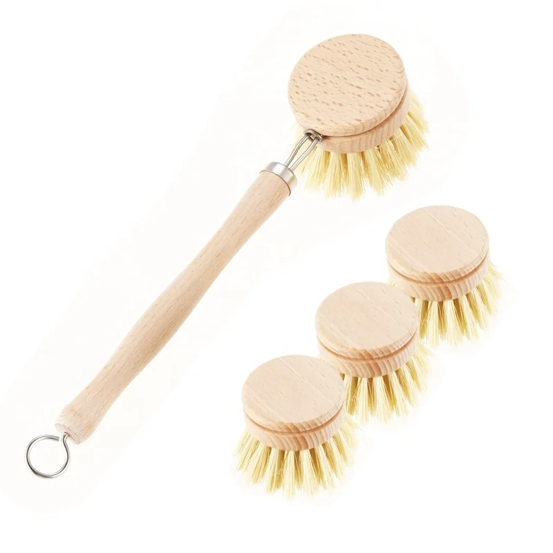 Kitchen brush with replaceable head wooden sisal