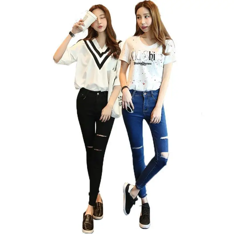 Wholesale China High Quality 2 Color Slim Fit Ripped  Women Jean Trousers Jeans