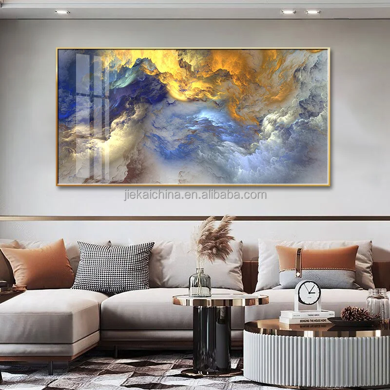 Blue Gold Cloud Canvas Modern Fantasy  large crystal porcelain abstract framed art  glass wall art painting for living room