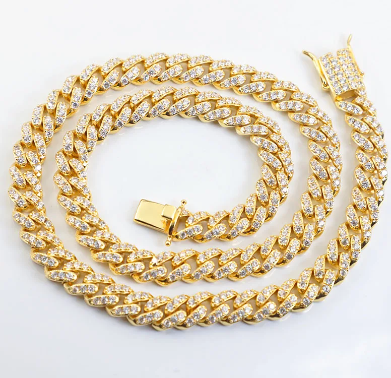 925 Silver 10mm 6mm Wide Hip hop Cuban Chain Free Fire Moissanite Diamond Single row necklace link chain