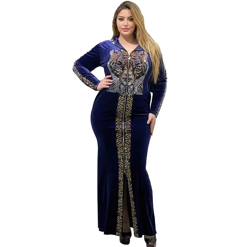 Muslim long sleeved hoodies robe African tiger head lying zippered long dresses Oversized flannel cardigan hooded long dress