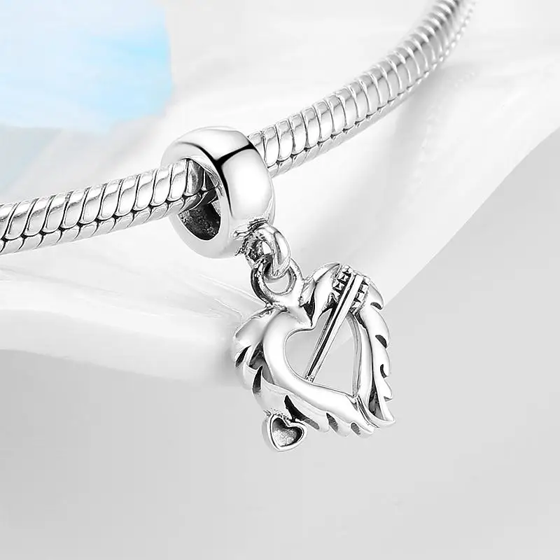 Real 925 sterling silver Hollow holy Angel wings Heart Beads Charms For Bracelet Jewelry making Woman Accessories HOT SALE