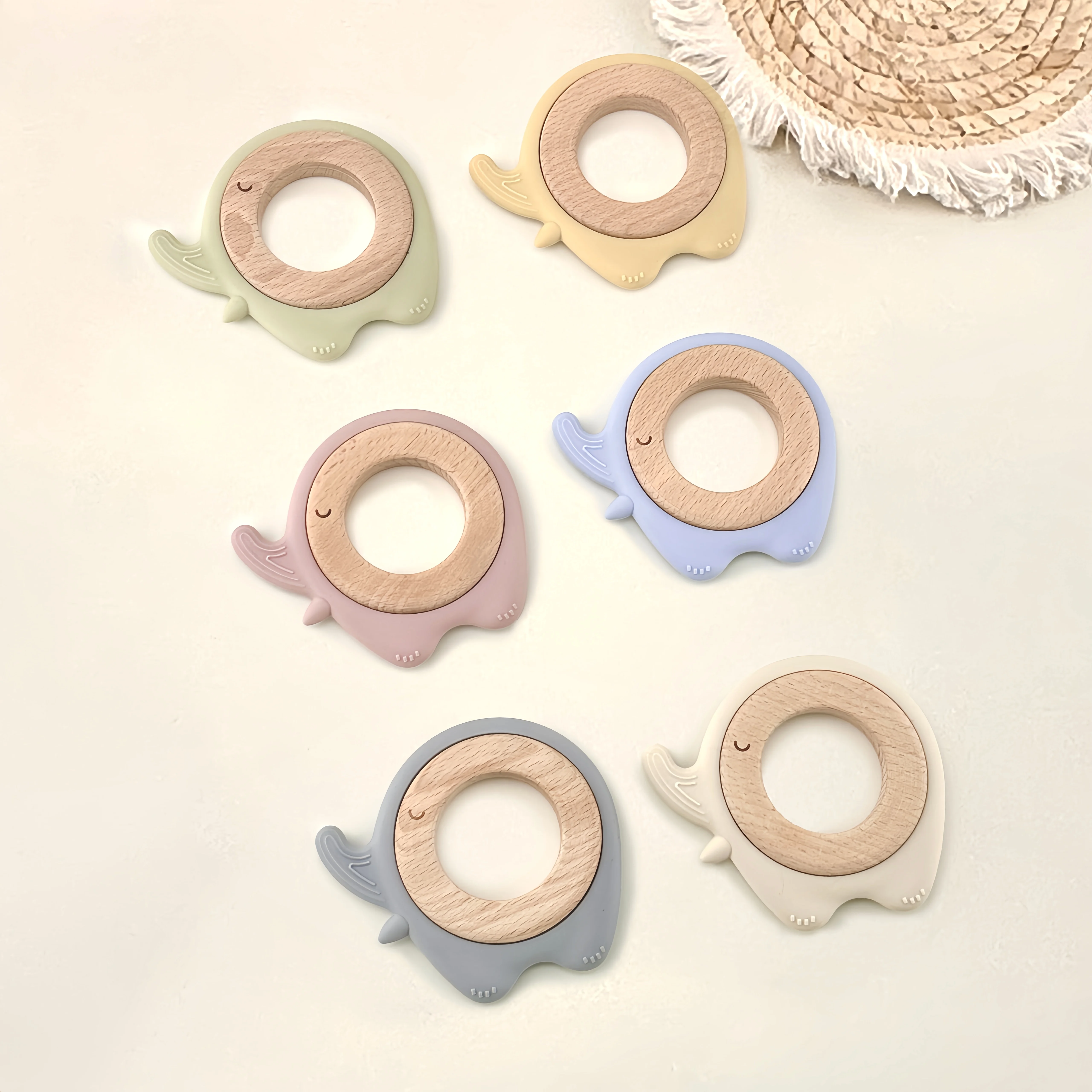 2024 CE Animal Elephant Kid Teether Wood Baby Teether Wooden Teething Ring Baby Chew Toy Silicone Teether For Baby Teething toy