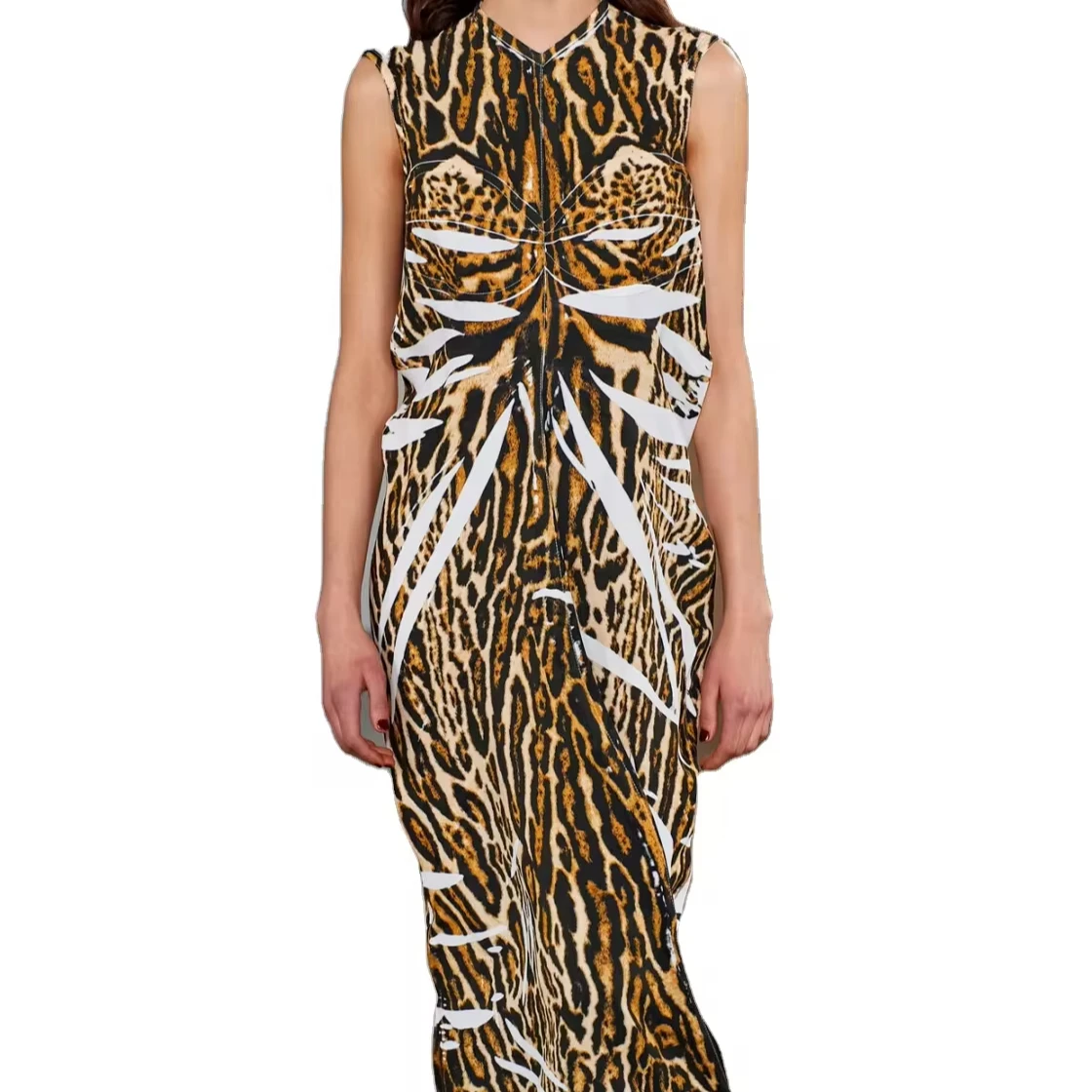 High quality clothing customization, leopard print elastic crepe, extra long dress, small order customization, Chinese factory