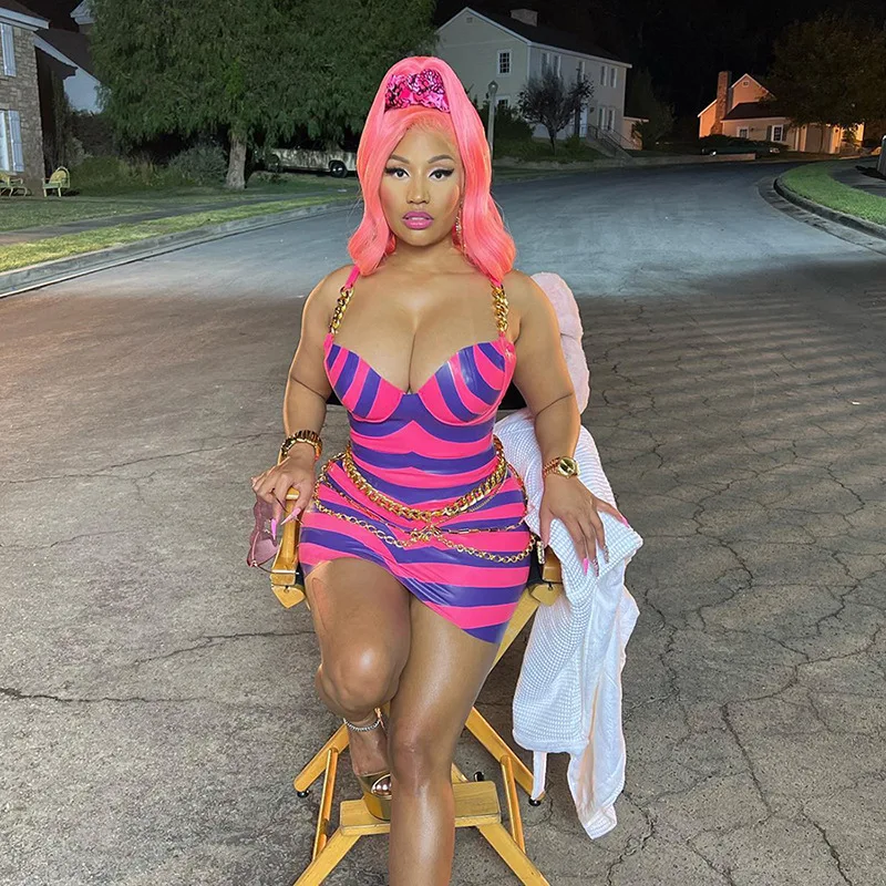 Fall 2022 Women Clothes Stripes Print Chain Spaghetti Strap Dress Night Club Party Bodycon Dress