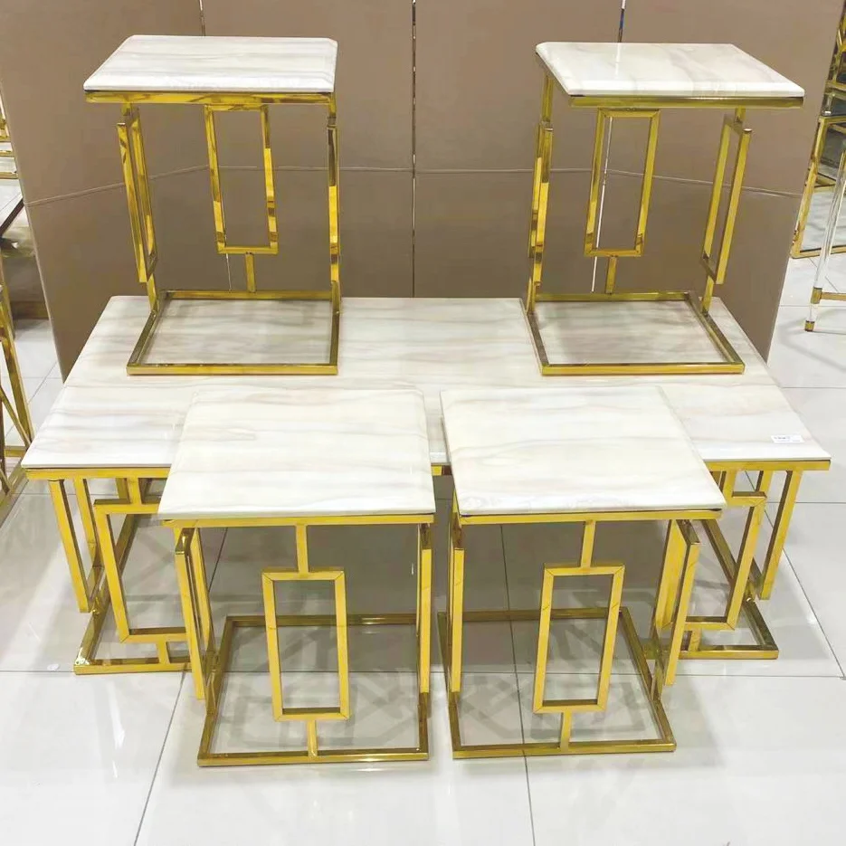 New Design Gold Stainless Steel Ivory Marble Top 1+4  1+6 Round  Rectangle Shape Dining Coffee Table Set Middle-East new design