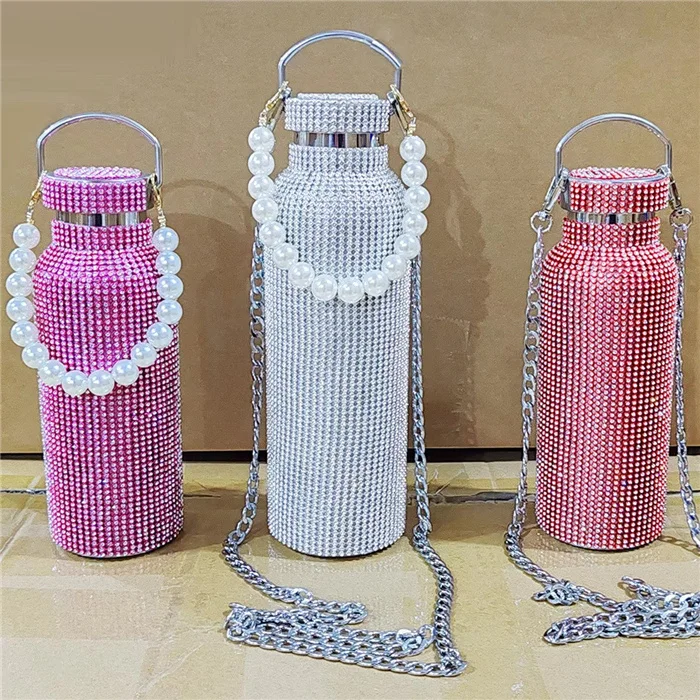 Hot selling luxury bling silver glitter tumbler double layer coffee rhinestone insulated cup with chain for birthday gifts