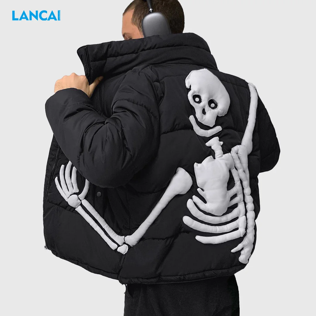 2023 Winter Latest Design Custom Oversized Men Black Down Bubble Padded Jaket High Quality Outerwear Skeleton Puffer Jacket