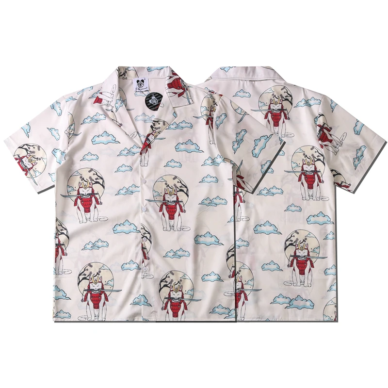 2021 young couple hundreds of casual knife kitten style print lapel spring and summer loose short sleeve shirt