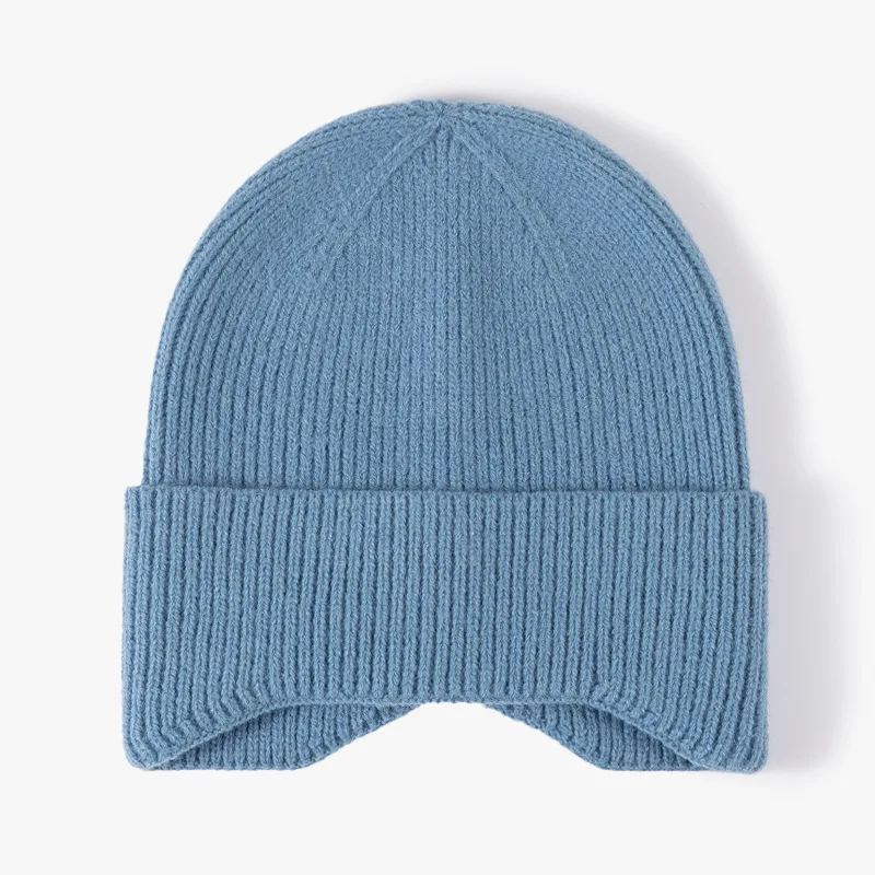 Custom Logo Winter Men Women Warm Knit Earflap Hat Outdoor Ski Cap Winter Thick Warm Plain Cuffless Beanie Hat with Ear Cover