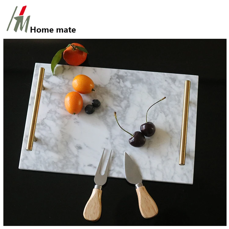 Hotel Decorations Home Luxury Rectangle Food Serving Marble Tray With Gold-Tone Handles