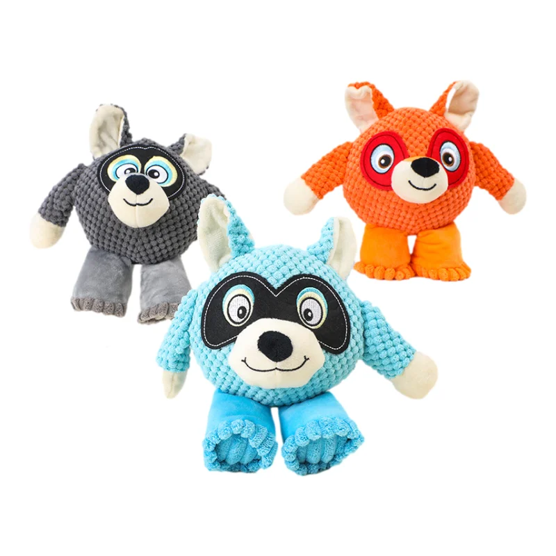 New Design Pet Plush Toy Teeth Cleaning Cartoon Kawaii Animal Shape Fox Wolf Raccoon Washable Squeak Dog Bite Toy