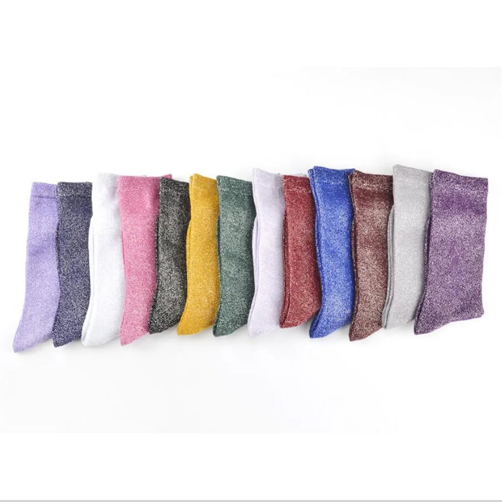 Women Solid Large Size Silver Lurex Socks Plain Knit Colorful Metallic Pink Purple Shiny Winter Ankle Socks