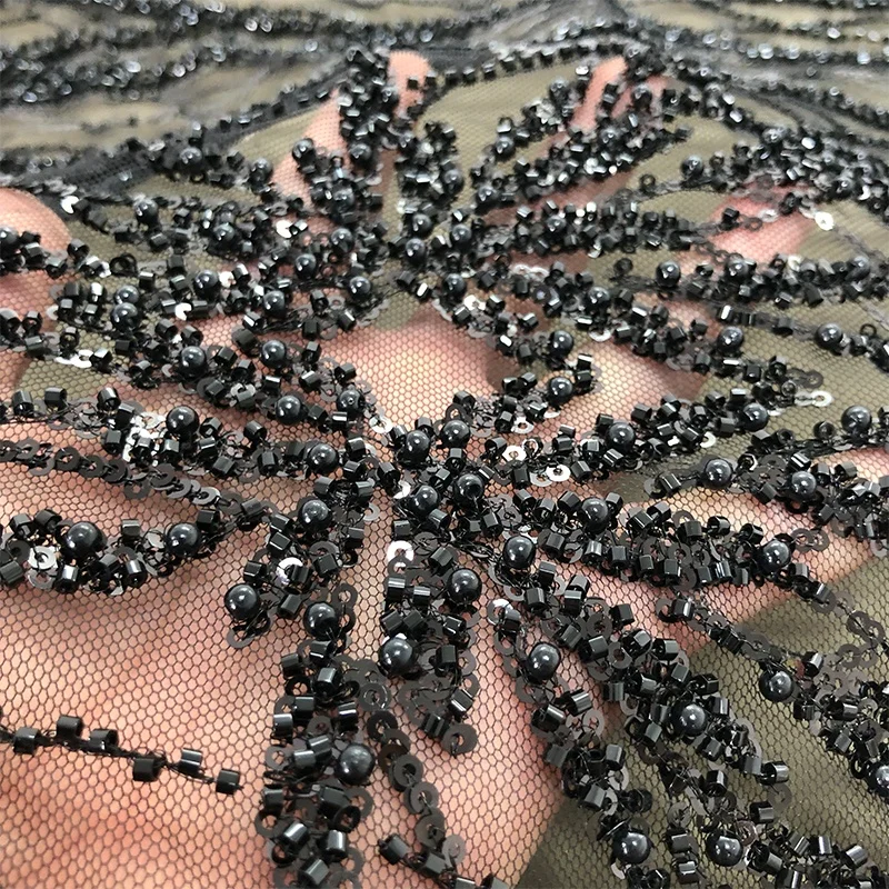 Fashionable beaded sheer lace fabric with black pearl beaded lace embroidery WS3398