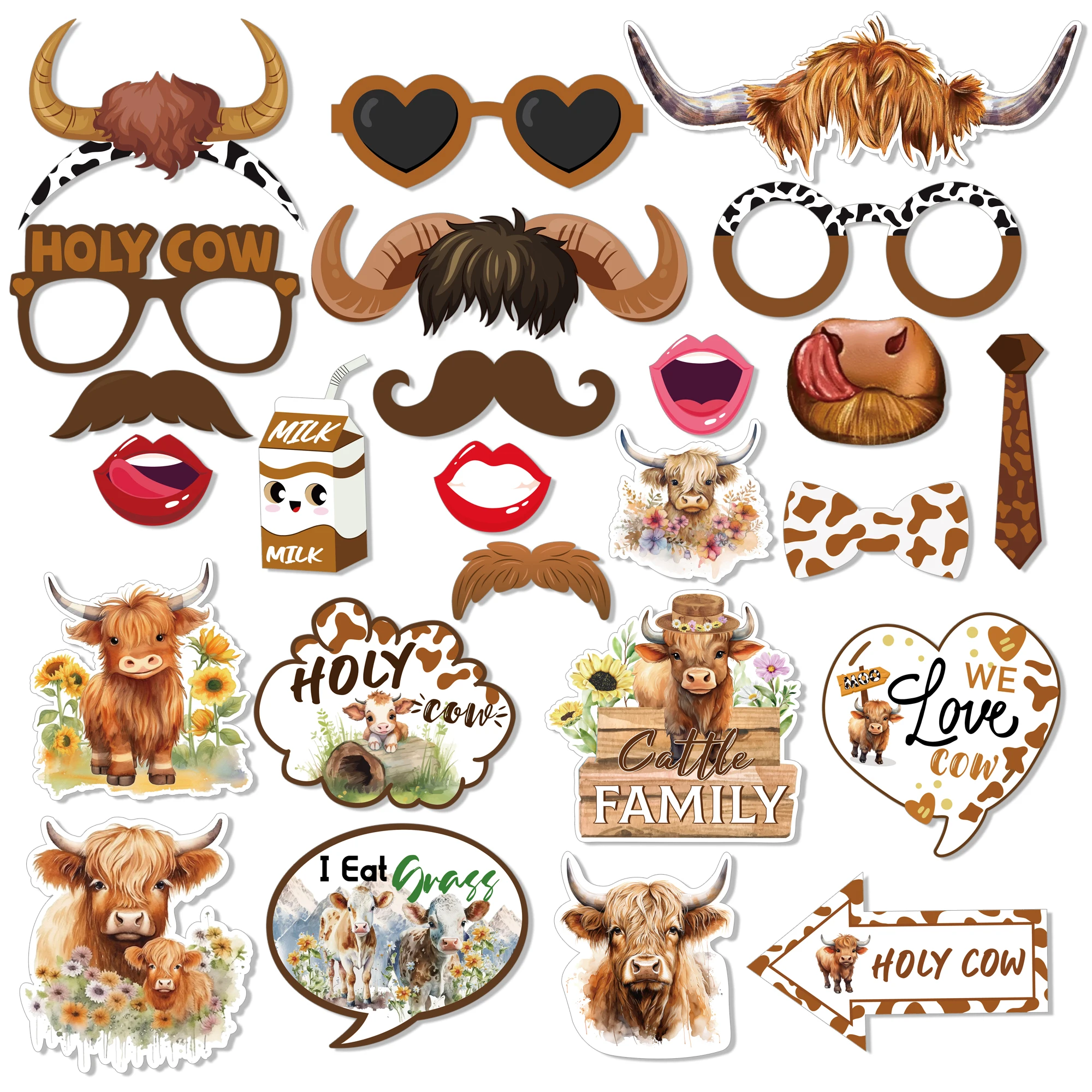 Huancai 25 PCS Highland Cow Photo Booth Props with Sticks Western Party Selfie Props Kit for Kids Birthday Party Supplies