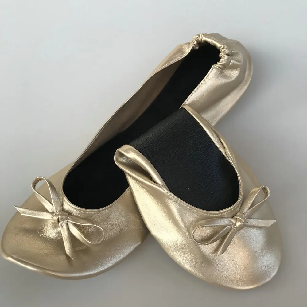 Hot Selling popular women champaign gold folding ballerina flats after party shoes in bags