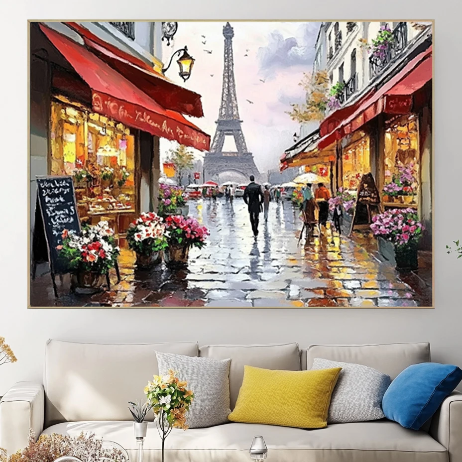 Home Decor Large Romantic Street Scenery Print Poster Eiffel Tower Wall Art Paris Cityscape Canvas Painting
