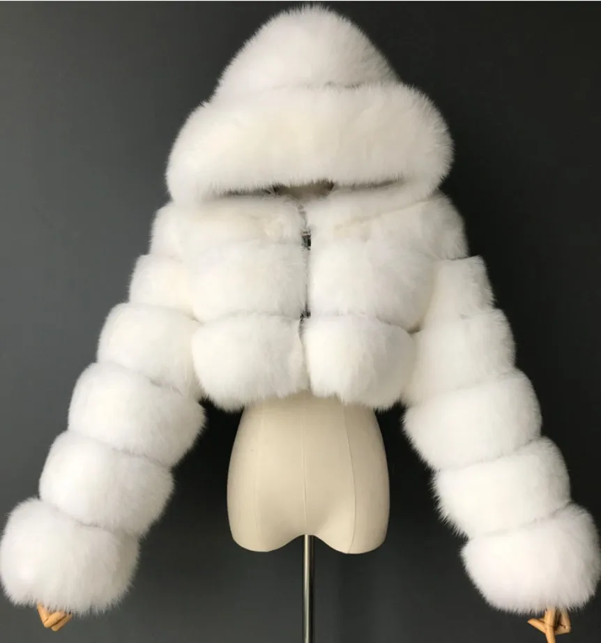 S-6xl плюс размер зимняя женская куртка с мехом укороченные с искусственным мехом детская верхняя одежда белый пушистый топ черного цвета с длинными рукавами и капюшоном, с подкладкой из искусственного меха пальто
