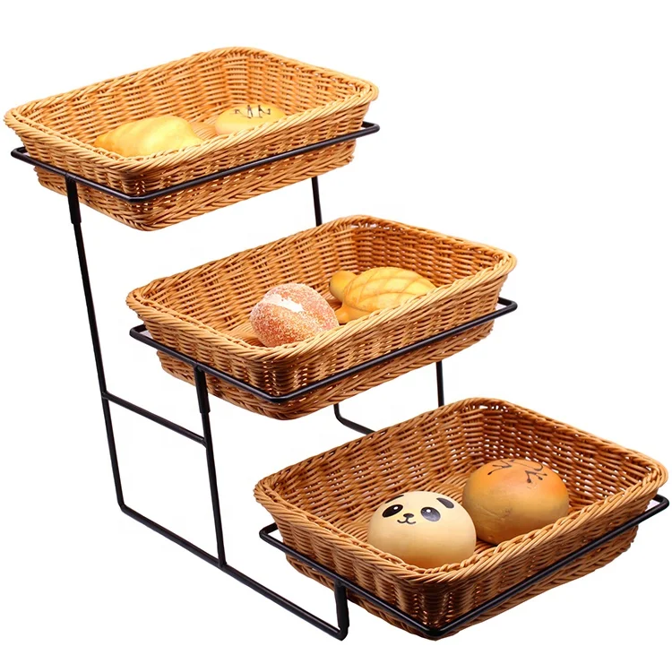 Wholesale removable 3-tier store  metal  display rack  supermarket wire display rack  with rattan baskets  bread display rack