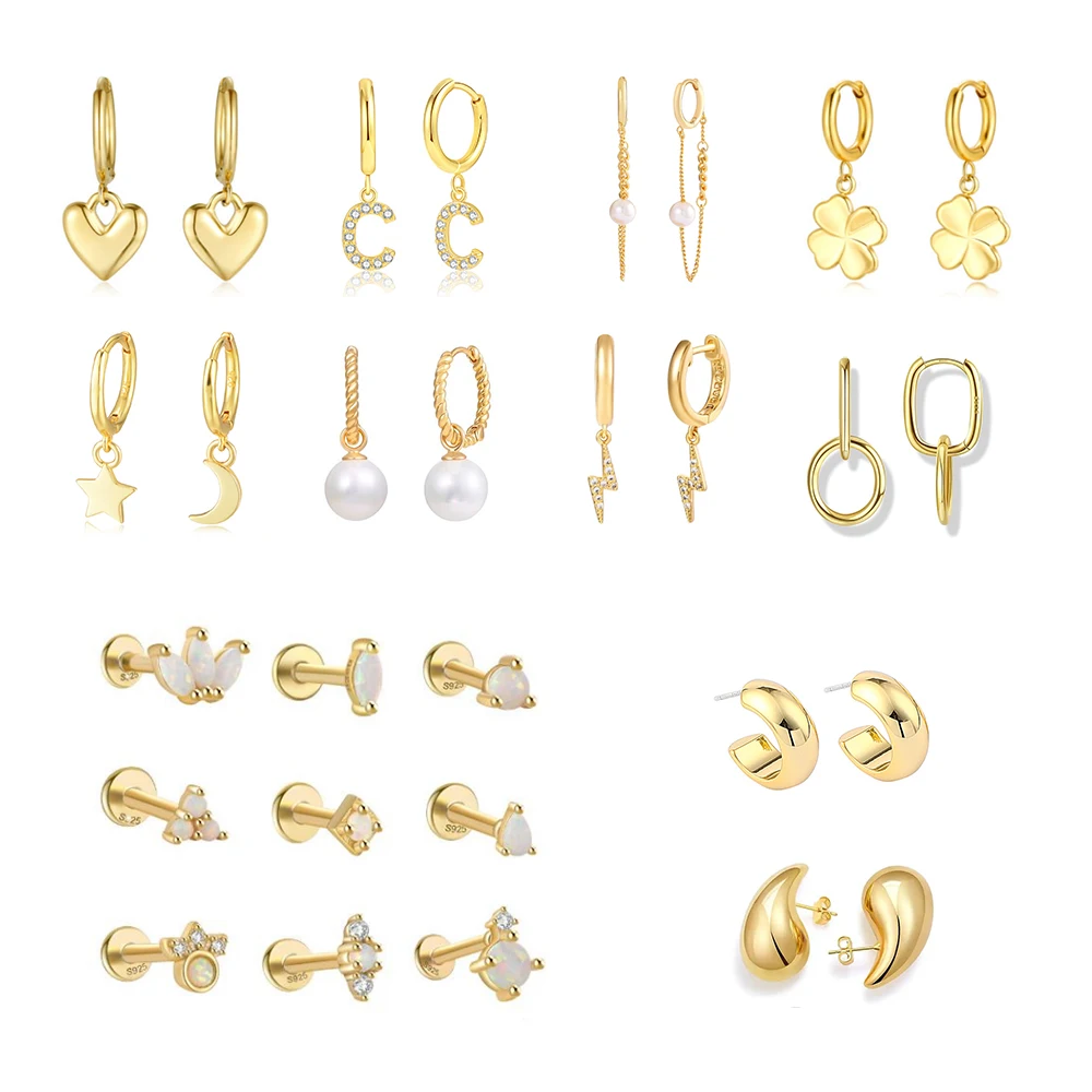 Custom Women Fashion 18K Gold Chunky Charm Earring Set Designer Korean Drop Star Pearl Flower Heart Stud Hoop Huggie Earrings