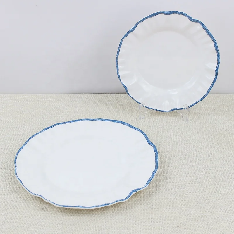 Wholesale price custom round plain white unbreakable plastic tableware melamine melamine plate set 6 plates with blue wave band