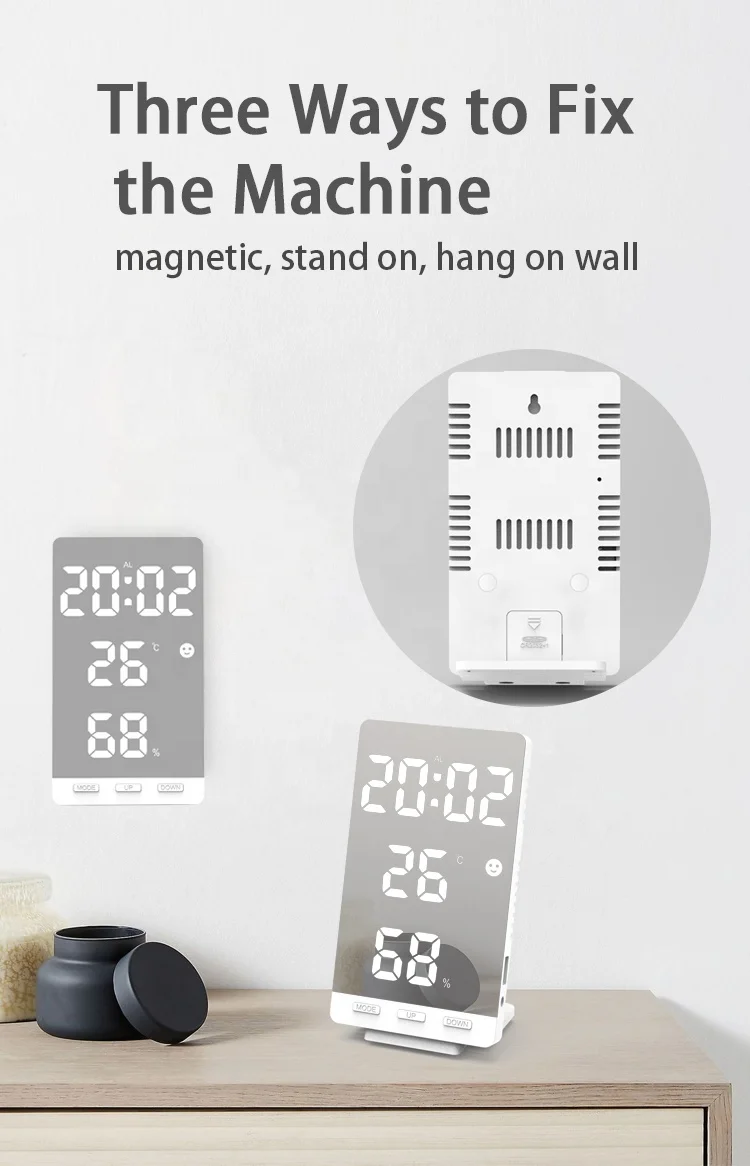 
Indoor Thermometer Hygrometer LED Mirror Alarm Table Wall Clock 