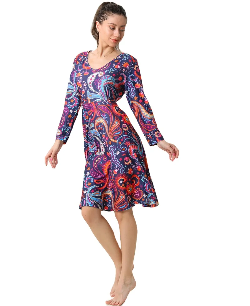 Four Seasons Wholesale Ultra Soft Fashion Women Full Long Sleeve Dress Hot Sale Vintage Paisley Flower Lady Dress with Pockets