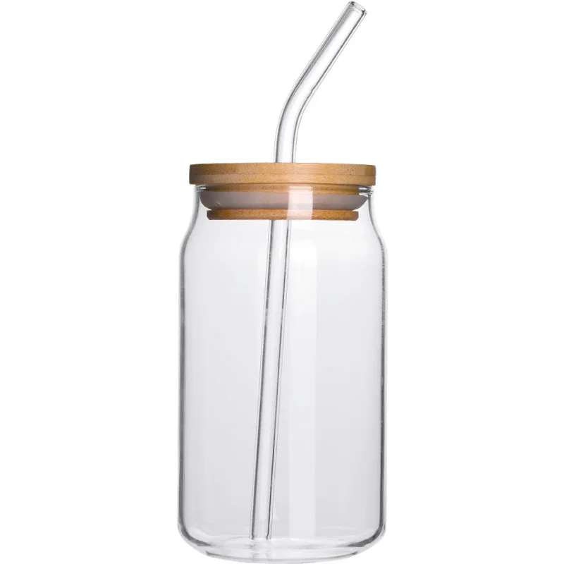 wholesale custom logo sublimation clear shaped glass can cup beer with 16oz bamboo lids and straw