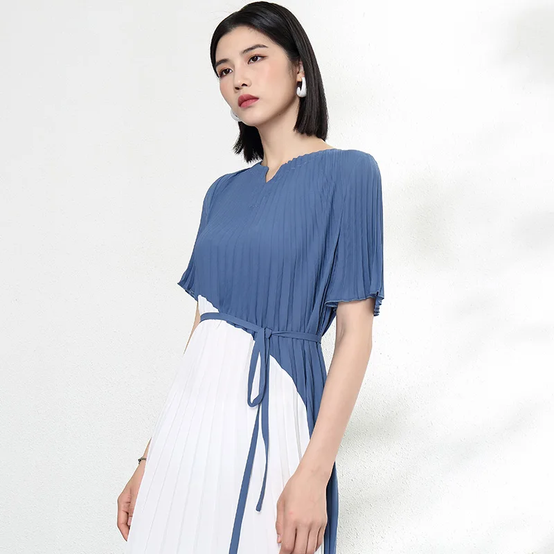 Ladies elegant lace-up color matching pleats dress mid-length casual dress