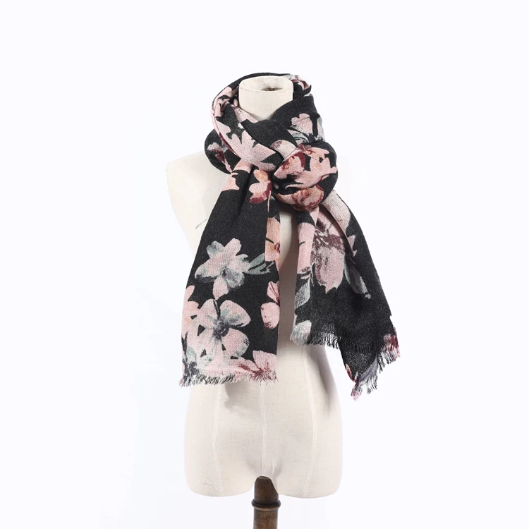 
Wholesale Customized Spring 100%acrylic Flower Print Woven Neck Scarf With Self Fringes 