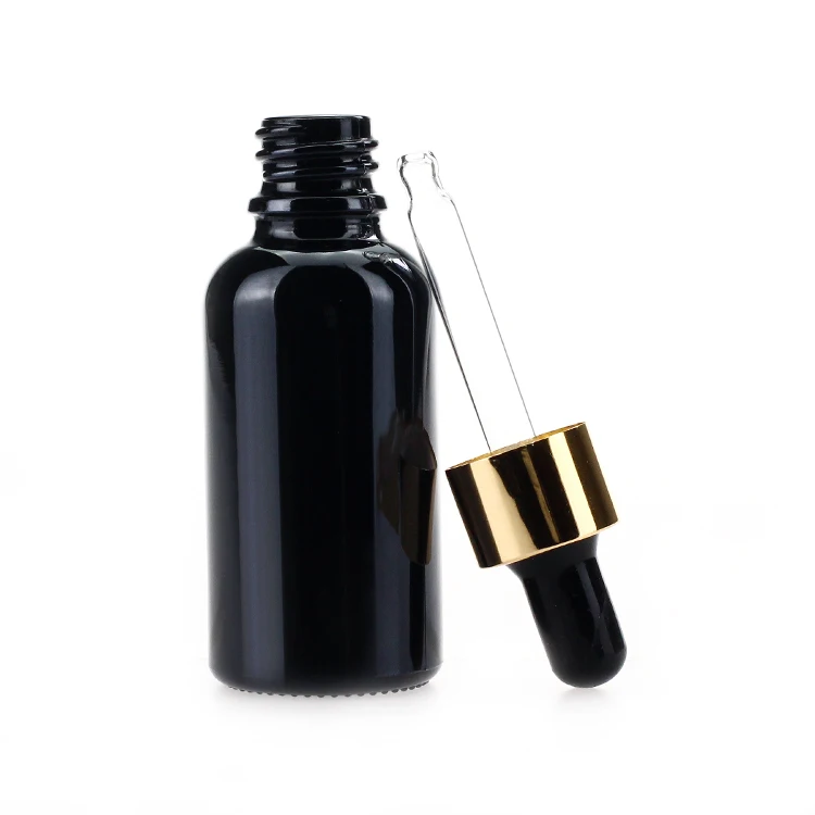 
30ml black glass dropper bottle essential oil european dropper glass bottles empty personal care packing plastic aluminum cap 