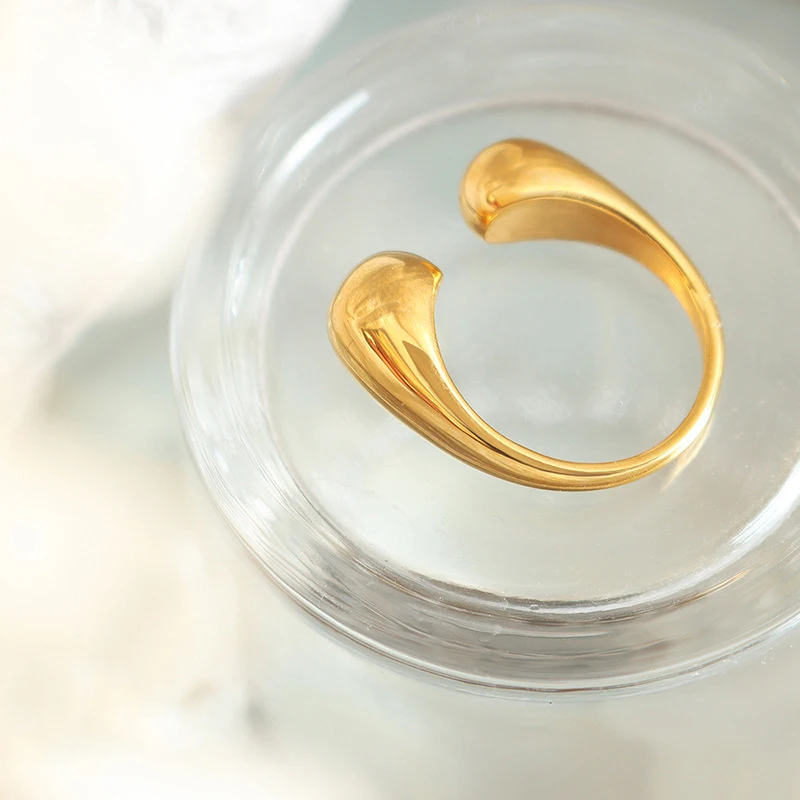 Ins Trendy Titanium Steel Plated 18k Gold Waterproof Jewelry Geometric Shaped Opening Water Drop Ring