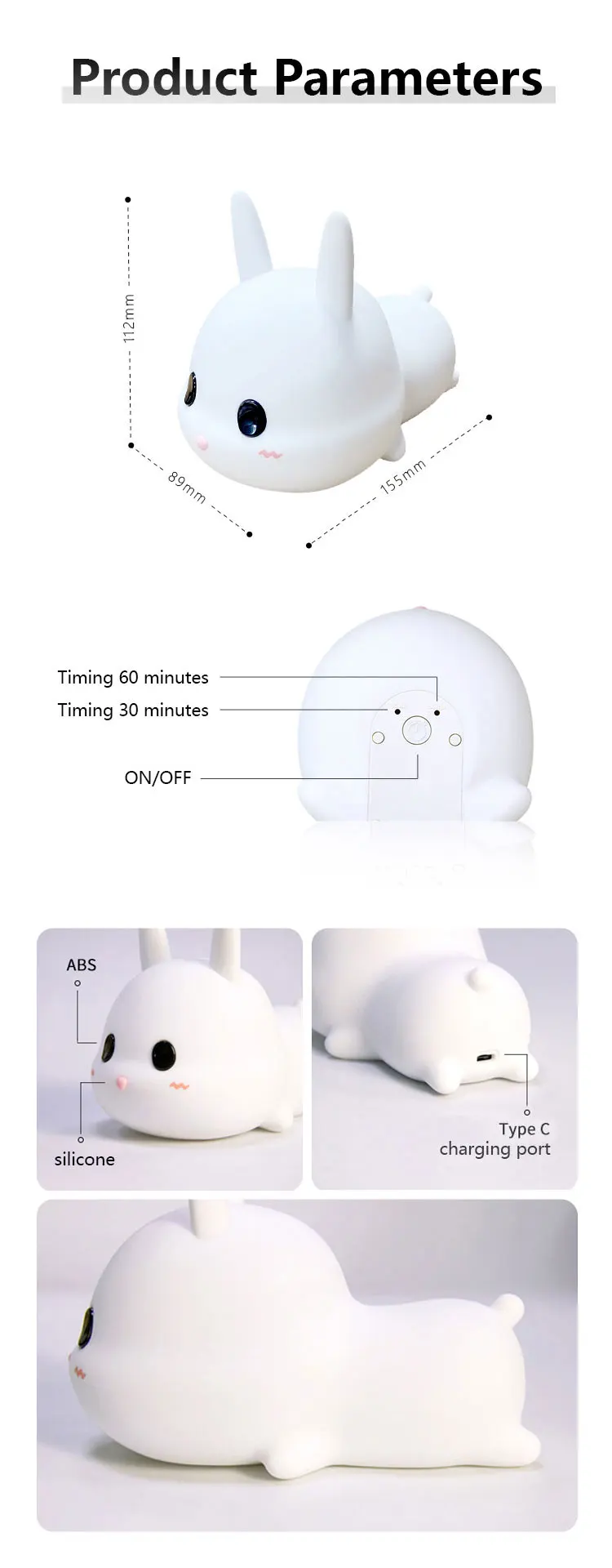 2023 LED Home Decoration Bedroom Decor Kids Bedside reading Lamp Creative Cute Cartoon Silicone Rabbit led Night Light (Home+)