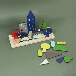 KIU Double Side Different Shapes Wooden Blocks Toys Building Blocks Puzzle Toys Diy Landscape Creative Toys