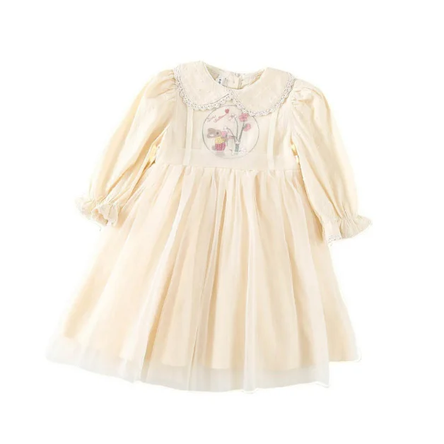 South Korean Girl Doll Collar Embroidered Gauze Dress Spring 2023 New Lovely Girl Baby Sweet Princess Dress Long Sleeve