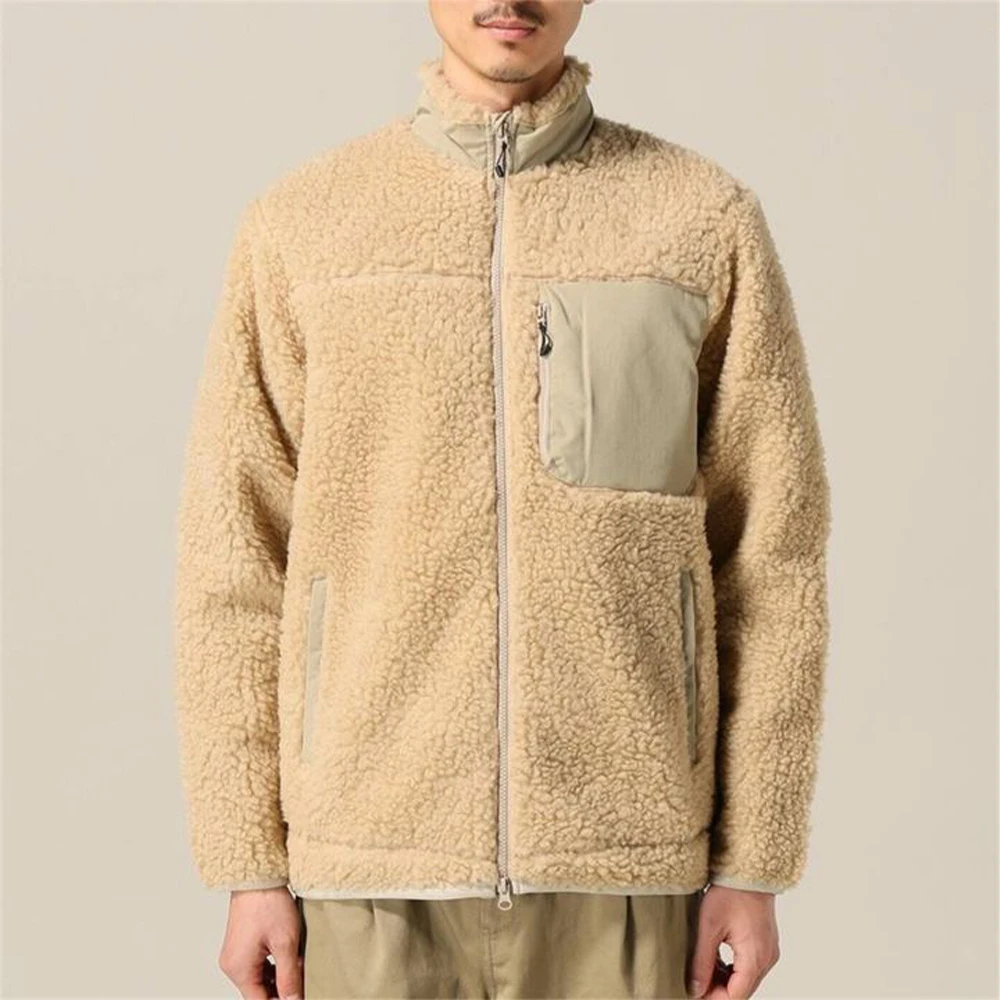 OEM Custom Men High collar Berber Fleece Sharp Jacket With Color Block Front Pocket Soft Fleece Jackets