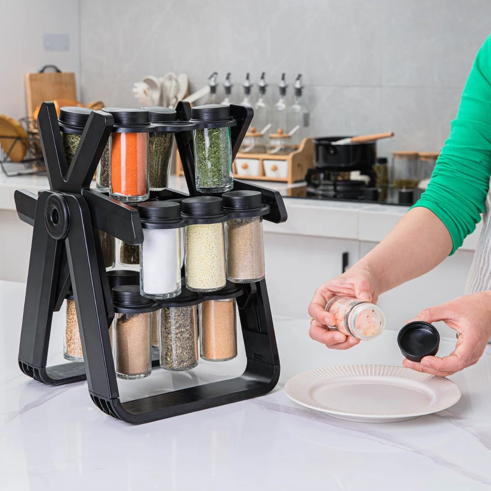 High-quality Flavor Shelf Set with 18 Cans of Seasoning Bottles and Rotating Ferris Wheel Spice Jar Rack